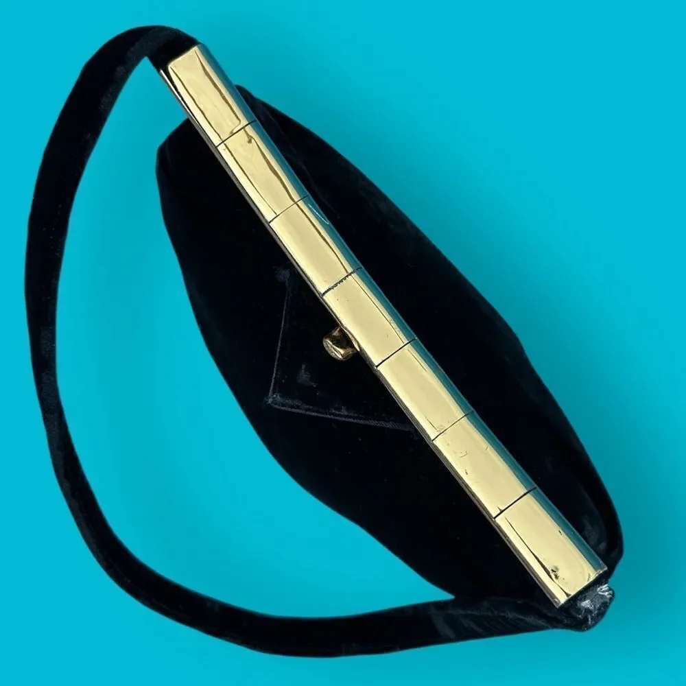Vintage Velvet Handbag Black Silk Gold Pentagon Box Purse Art Deco